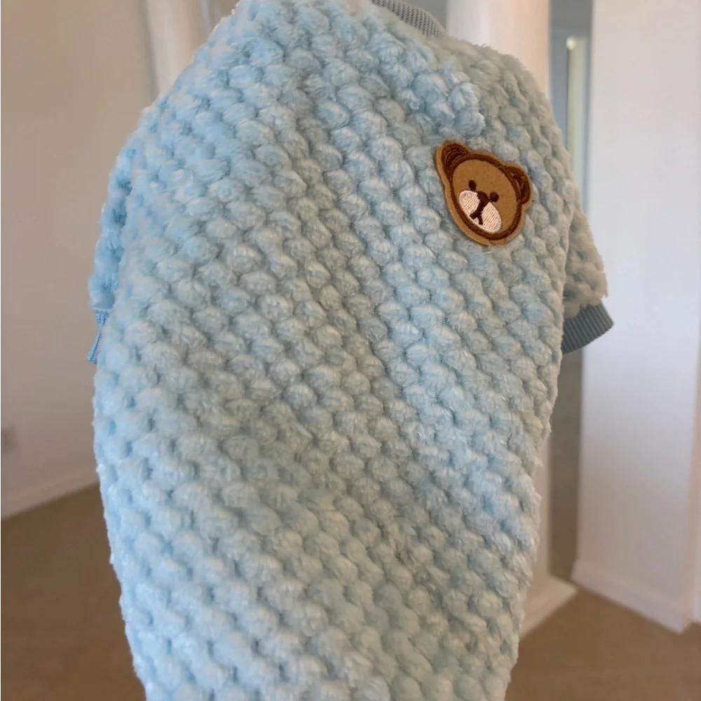 Blue Textured Sweater with Bear Patch